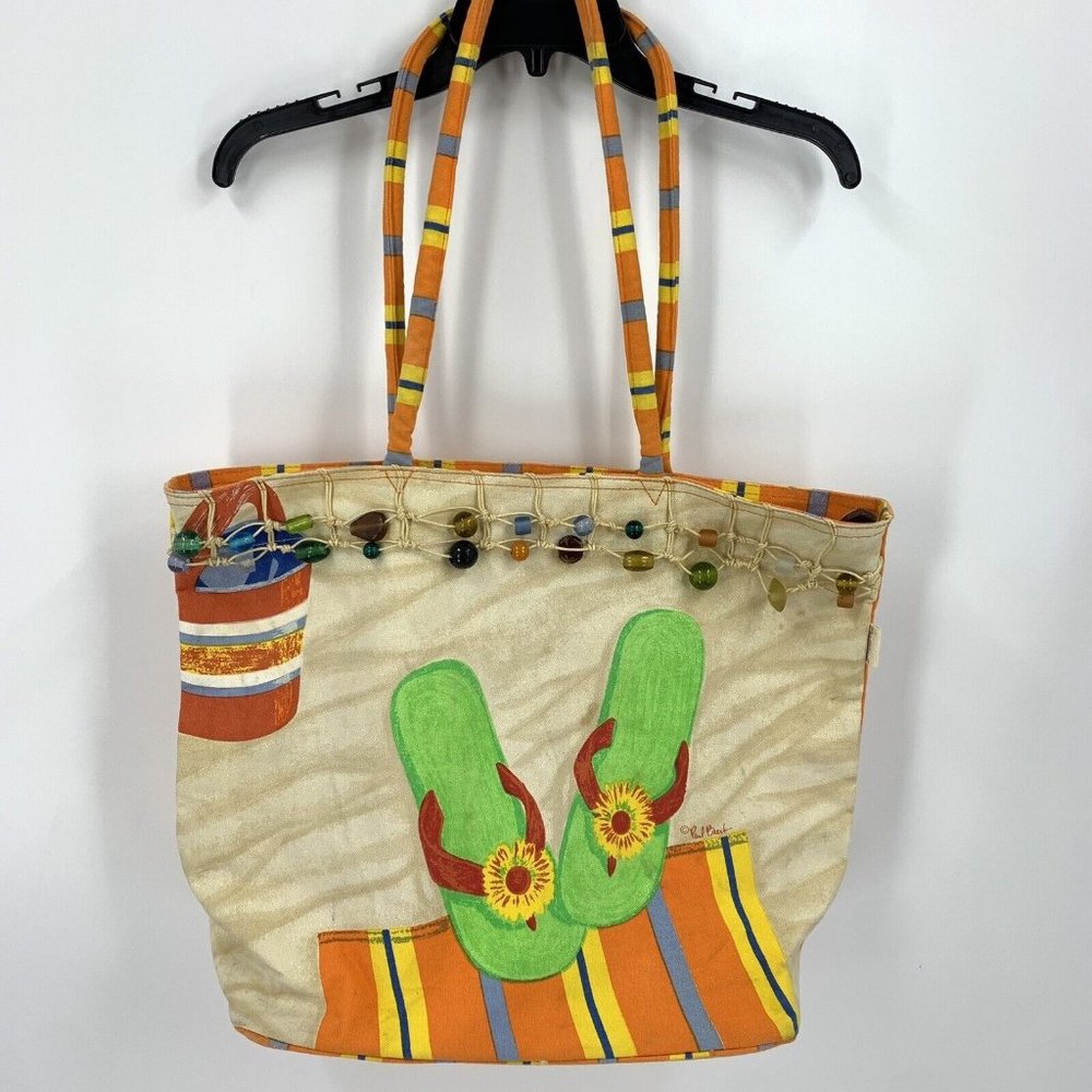 Paul Brent Beach or Pool Tote Bag Flip Flop Print Glass Beads 15" x 7" x 15"